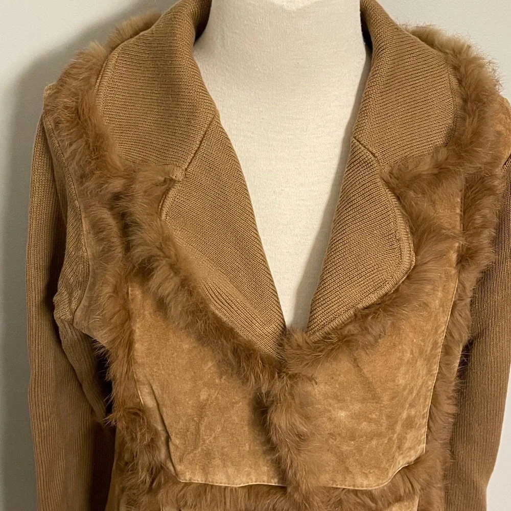 Cynthia Steffe Suede Knit Rabbit Fur Trimmed‎ Coat Duster Jacket Penny Lane